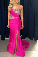 Load image into Gallery viewer, Sparkly Royal Blue Mermaid One Shoulder Long Corset Prom Dress With Slit