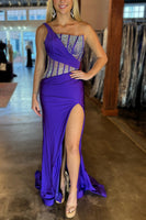 Load image into Gallery viewer, Sparkly Royal Blue Mermaid One Shoulder Long Corset Prom Dress With Slit