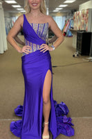 Load image into Gallery viewer, Sparkly Royal Blue Mermaid One Shoulder Long Corset Prom Dress With Slit