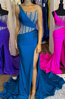 Load image into Gallery viewer, Sparkly Royal Blue Mermaid One Shoulder Long Corset Prom Dress With Slit