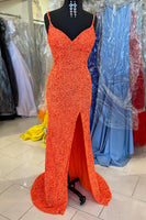Load image into Gallery viewer, Orange Sparkly Mermaid V Neck Sequins Long Prom Dress