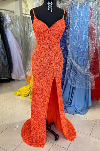 Orange Sparkly Mermaid V Neck Sequins Long Prom Dress