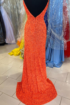 Orange Sparkly Mermaid V Neck Sequins Long Prom Dress