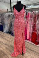 Load image into Gallery viewer, Mermaid V Neck Fuchsia Sequins Long Prom Dress
