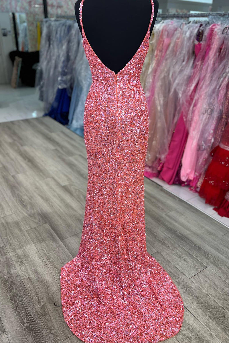 Load image into Gallery viewer, Mermaid V Neck Fuchsia Sequins Long Prom Dress