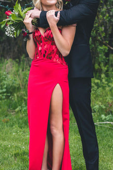 Glitter Red Long Mirror Prom Dress With Slit