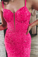 Load image into Gallery viewer, Sparkly Fuchsia Corset Sequins Long Mermaid Prom Dress with Slit