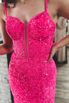 Sparkly Fuchsia Corset Sequins Long Mermaid Prom Dress with Slit