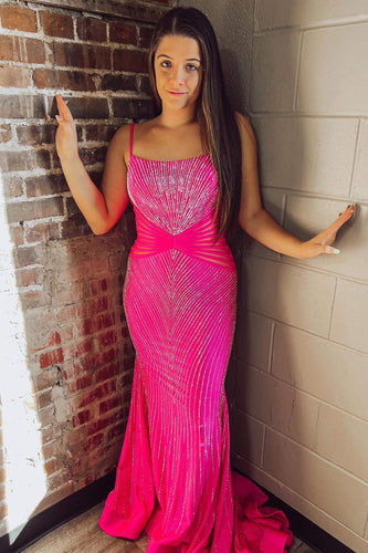 Sparkly Hot Pink Beaded Long Mermaid Backless Prom Dress