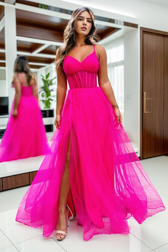 Simple Hot Pink Corset A-Line Long Tulle Prom Dress with Slit