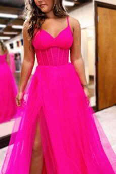 Simple Hot Pink Corset A-Line Long Tulle Prom Dress with Slit