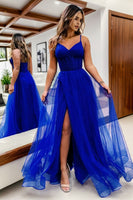 Load image into Gallery viewer, Simple Hot Pink Corset A-Line Long Tulle Prom Dress with Slit