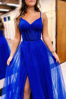 Load image into Gallery viewer, Simple Hot Pink Corset A-Line Long Tulle Prom Dress with Slit