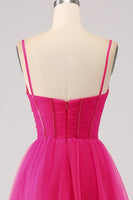 Load image into Gallery viewer, Fuchsia A-Line Spaghetti Straps Long Corset Prom Dress with Slit