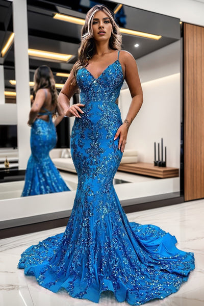 Sparkly Blue Mermaid Sequins Long Backless Prom Dress