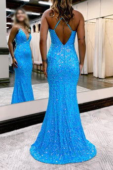 Sparkly Blue Spaghetti Straps Sequins Backless Prom Dress