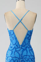 Load image into Gallery viewer, Blue Mermaid Spaghetti Straps Sequins Long Prom Dress