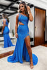 Load image into Gallery viewer, Sparkly Blue One Shoulder Cut Out Beaded Long Prom Dress with Slit
