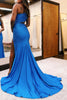 Load image into Gallery viewer, Sparkly Blue One Shoulder Cut Out Beaded Long Prom Dress with Slit