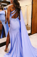 Load image into Gallery viewer, Sparkly Lilac One Shoulder Watteau Train Long Prom Dress with Slit