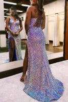 Load image into Gallery viewer, Sparkly Light Purple Lace-Up Back Sequins Long Prom Dress with Fringes