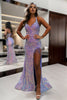 Load image into Gallery viewer, Sparkly Light Purple Lace-Up Back Sequins Long Prom Dress with Fringes