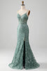 Load image into Gallery viewer, Spaghetti Staps Sparkly Grey Green Prom Dress with Beading