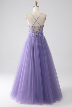 Purple A-Line Spaghetti Straps Corset Prom Dress with 3D Flowers