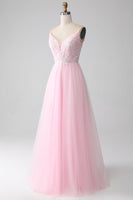 Load image into Gallery viewer, Light Pink A-Line Spaghetti Straps Prom Dress with Beading