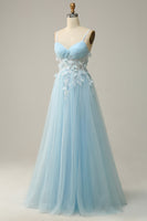 Load image into Gallery viewer, A Line Spaghetti Straps Sky Blue Prom Dress with Appliques