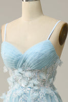 Load image into Gallery viewer, A Line Spaghetti Straps Sky Blue Prom Dress with Appliques