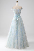 Load image into Gallery viewer, Light Blue A-Line Off the Shoulder Long Corset Prom Dress