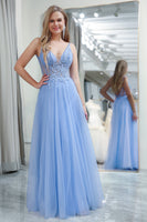 Load image into Gallery viewer, Light Blue A-Line V Neck Tulle Prom Dress With Appliques