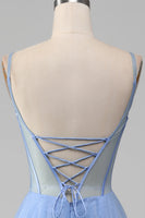 Load image into Gallery viewer, Light Blue A-Line V Neck Tulle Prom Dress With Appliques
