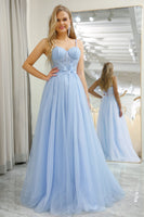 Load image into Gallery viewer, Sparkly Light Blue A-Line Tulle Prom Dress With Appliques
