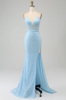 Load image into Gallery viewer, Glitter Sky Blue Spaghetti Straps Mermaid Prom Dress with Slit