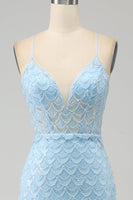 Load image into Gallery viewer, Glitter Sky Blue Spaghetti Straps Mermaid Prom Dress with Slit