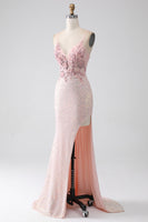 Load image into Gallery viewer, Glitter Pink Beaded Mermaid Prom Dress with Slit
