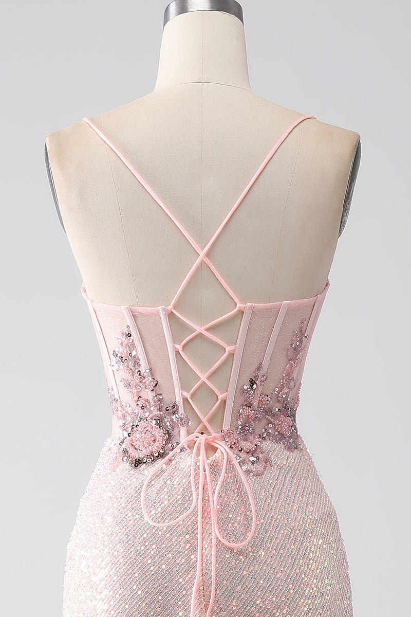 Load image into Gallery viewer, Glitter Pink Beaded Mermaid Prom Dress with Slit