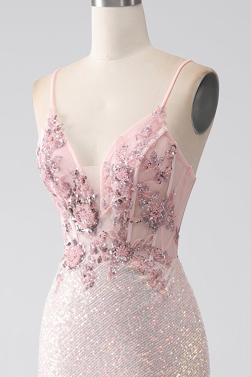 Load image into Gallery viewer, Glitter Pink Beaded Mermaid Prom Dress with Slit