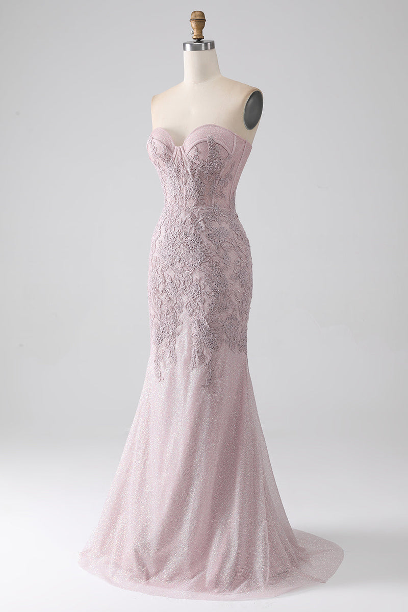 Load image into Gallery viewer, Sparkly Strapless Mermaid Corset Prom Dress with Appliques