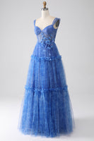 Load image into Gallery viewer, Blue Printed A Line Tulle Corset Prom Dress