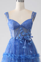 Load image into Gallery viewer, Blue Printed A Line Tulle Corset Prom Dress