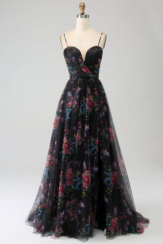 Black Printed Spaghetti Straps A Line Prom Dress with Slit