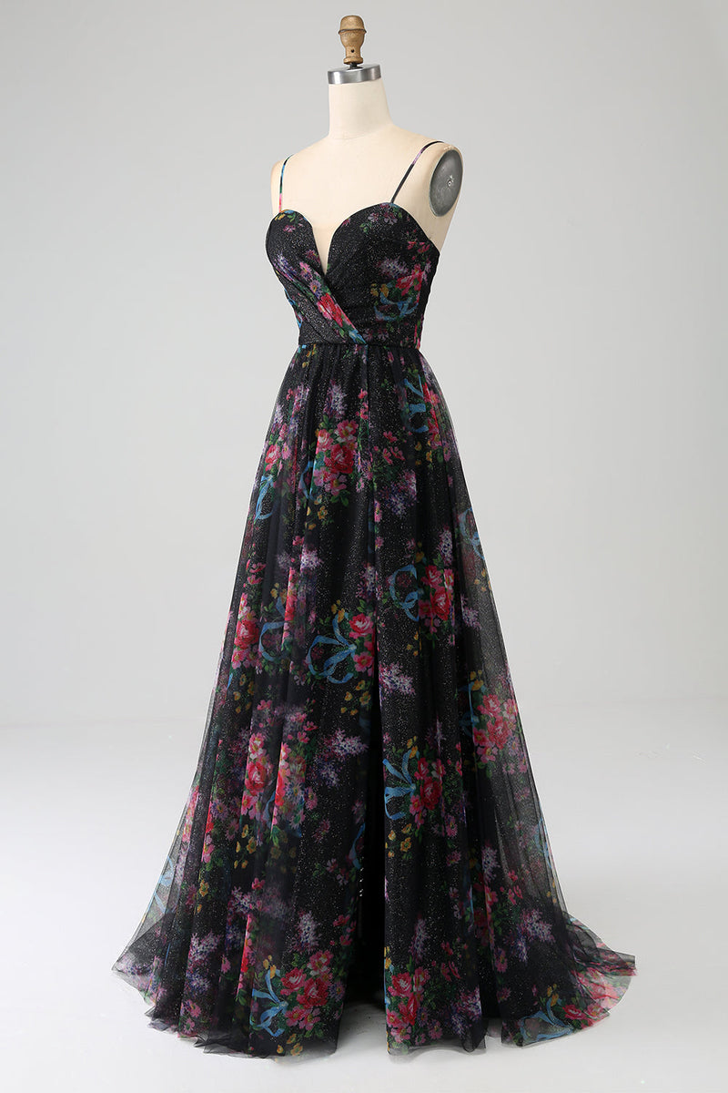 Load image into Gallery viewer, Black Printed Spaghetti Straps A Line Prom Dress with Slit