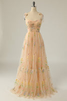 Load image into Gallery viewer, Champagne A Line Embroidered Long Prom Dress
