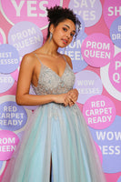 Load image into Gallery viewer, A Line Spaghetti Straps Grey Blue Long Prom Dress with Beading