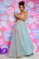 Load image into Gallery viewer, A Line Spaghetti Straps Grey Blue Long Prom Dress with Beading