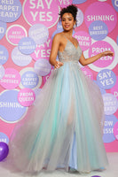 Load image into Gallery viewer, A Line Spaghetti Straps Grey Blue Long Prom Dress with Beading