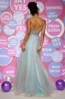 Load image into Gallery viewer, A Line Spaghetti Straps Grey Blue Long Prom Dress with Beading